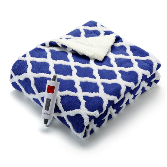 Electric Blanket Full Size 72" x 84" Thick Tufted Sherpa Heated Blanket Full Size with 6 Heating Levels and 20 Time Models, Fast Heating Blanket, Navy Blue