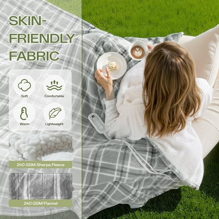 Electric Blanket Heated Full Size-72" x 84" Heated Blanket with 8 Heat Levels & 10 Hours Auto Off, Fast Heating Sherpa Blankets with ETL & FCC Certification, Washable, Grey Plaid