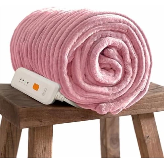 Electric Blanket Heated Throw 50''X60''- Ribbed Faux Fur Heated Blanket with 4 Heating Level & 3 Hour Auto Off Heating Blanket, ETL&FCC Certified Machine Washable(Pink)