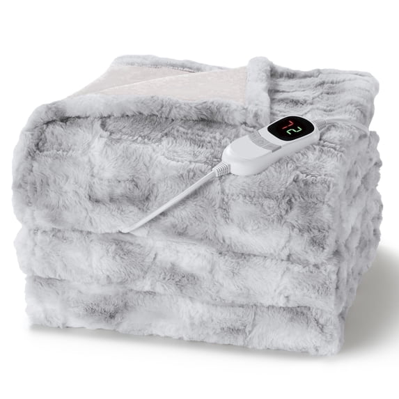 MARNUR Heated Blanket Electric Throw Extra Large Size 50"x72", Soft Faux Fur Heated Throw with 10 Heating Levels 4 Hours Timer Machine Washable, Gray