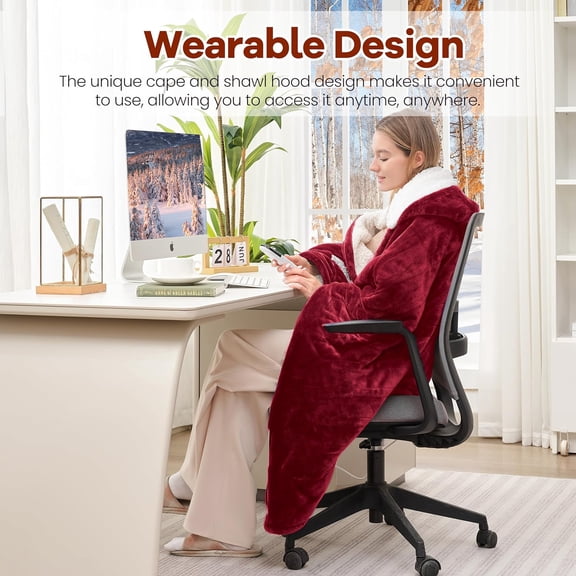 Electric Blanket with Hood and Pockets, Heating Throw Blanket, Electric Heated Wrap Shawl with 6 Heating Levels Setting & 4 Hours Auto Shut Off, Machine Washable (Short, Wine)