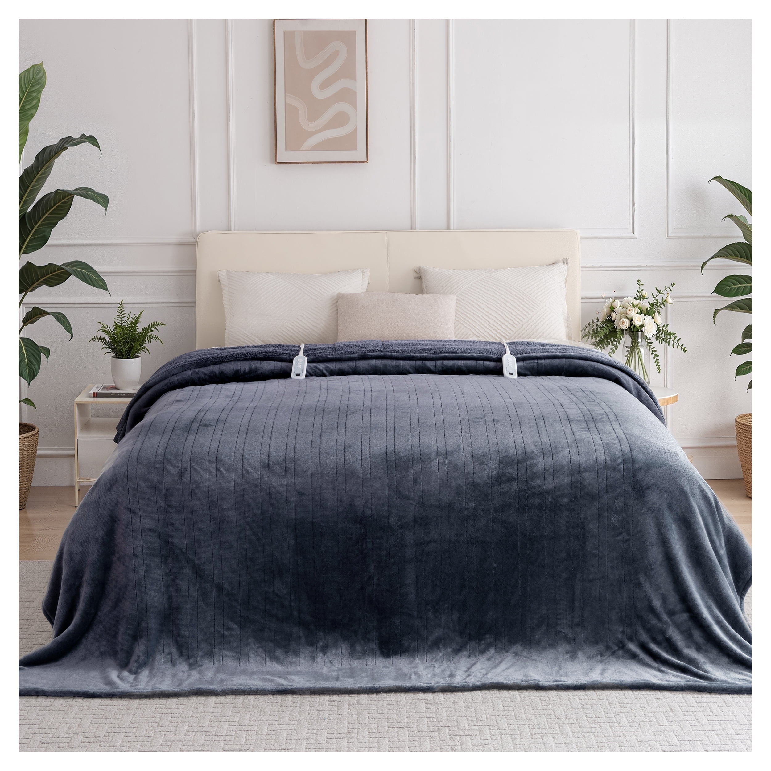 ELEKA King Size Electric Blanket , 90" x 100" Ultra Soft Flannel Heated Blanket,8 Heating Levels, 10 Hours Timer，Double Zone， Gray
