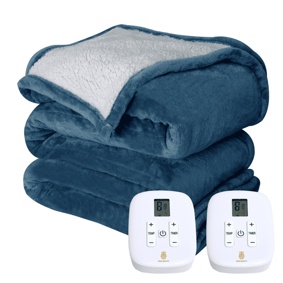 Electric Blanket King Size, Sherpa Flannel Heated Throw with Dual Control, 10 Heat Settings, Machine Washable 100"x90" Navy