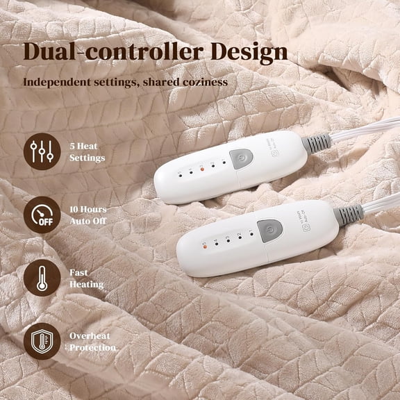 Electric Blanket Queen 84"x90" Heated Blanket Queen Size Dual Control Wheat Pattern Ultra-Soft Flannel & Thick Sherpa with 5 Heat Settings & 10H Auto Off, FCC/ETL Certified, Machine Washable, Beige
