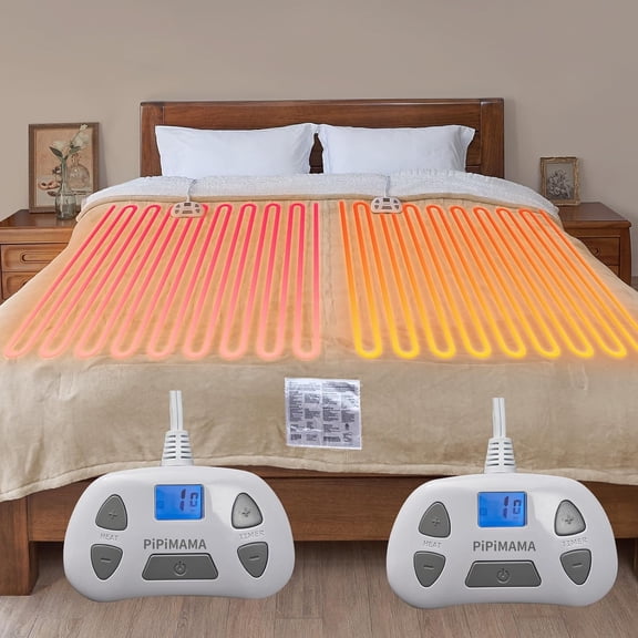 Electric Blanket Queen Size Dual Control,Flannel & Sherpa Plush 84"x 90" Heated Blanket Queen Heating Blanket with 10 Heating Levels,12 Hours Auto-Off Machine Washable(Khaki)