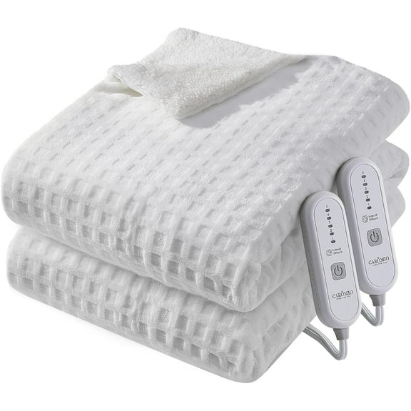 Electric Blanket Queen Size with Dual Control, Waffle Fast Heating Heated Blankets with ETL Certified, Soft Flannel & Sherpa Heat Throws, 5 Heating Levels & 10 Hours Auto Off, White, 84" x 90"