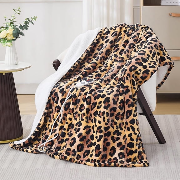 Electric Blanket Size - Reversible Sherpa & Flannel, 62"x 84" Heated Throw Blanket with 6 Heat Settings & 1-12H Timer, Machine Washable, Warm for Women, Leopard