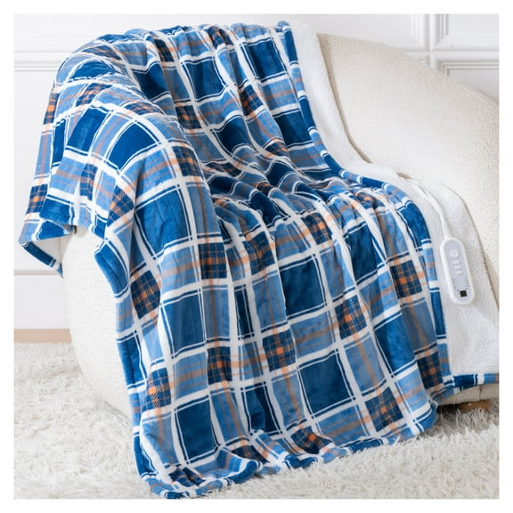 ELEKA Electric Heated Blanket Throw, 50" x 60", 8 Heat Settings, 8H Auto Shut-Off, Machine Washable, Blue Plaid