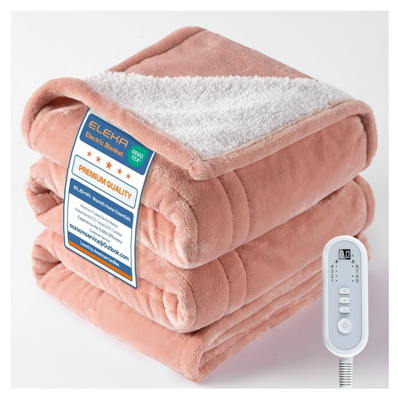 ELEKA Heated Electric Blanket 50'' x 60'', Throw Size Flannel Material with 8 Heating Levels & 8H Auto off, Pink