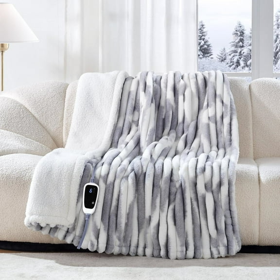 Electric Blanket Throw Size 50"*60",Super Cozy Faux Fur to Sherpa Reversible Heated Blanket Throw with 6 Heating Levels & 2-10 Hours Auto Off Overheating Protection Machine Washable,Blue White
