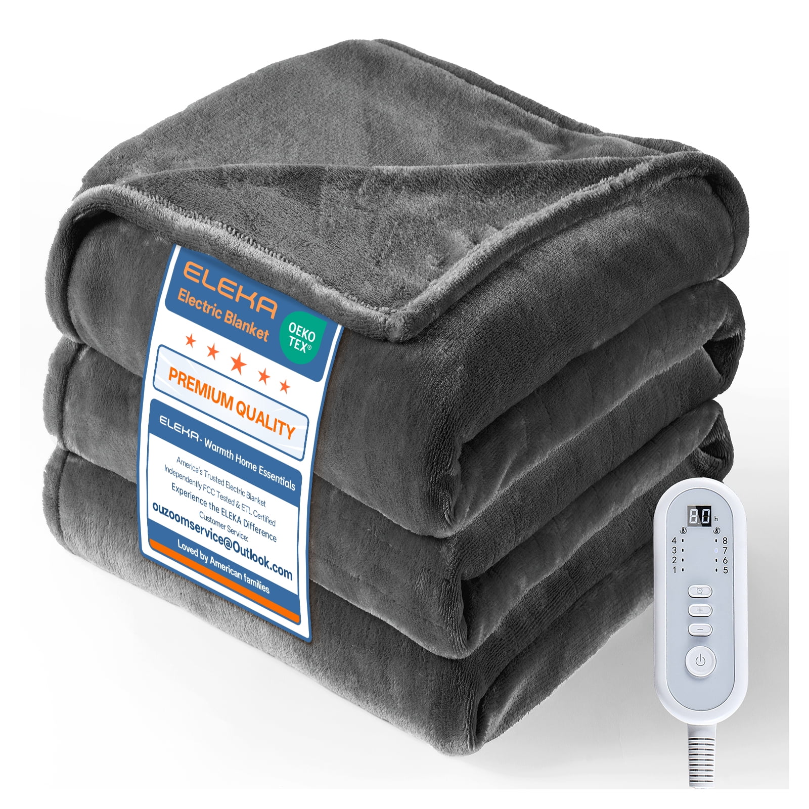 ELEKA Heated Blanket Electric,62" x 84"， Heated Throw Blanket with 8 Heating Levels & 10 Hours Auto Off，Dark Gray
