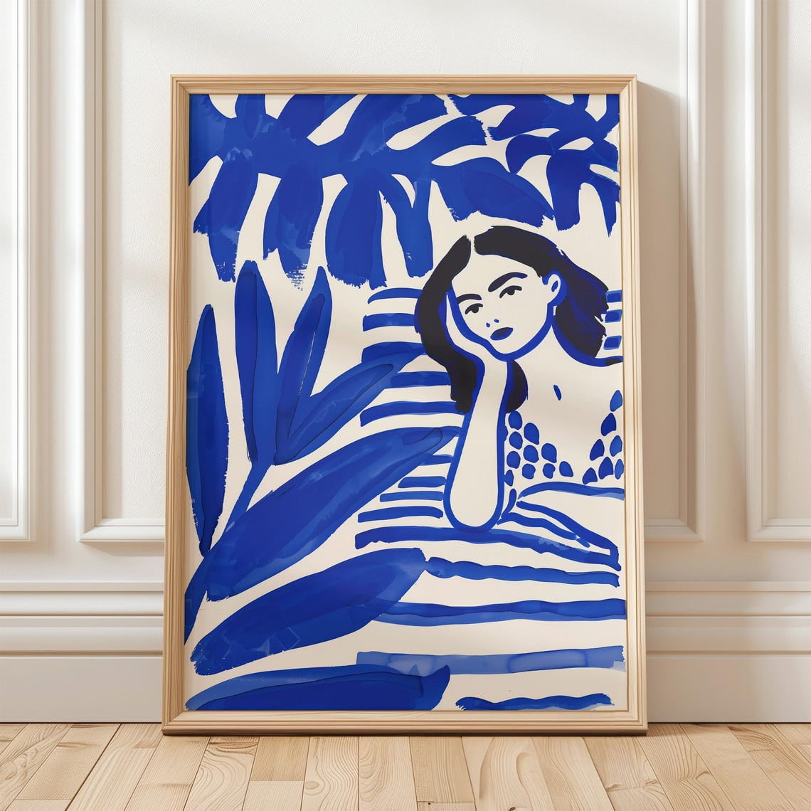 Electric Blue Abstract Woman Print Modern Tropical Wall Art Striped ...