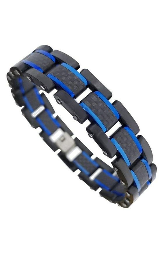 Electric Blue Black Carbon Fiber Bracelet Men's 316L Surgical Stainless Steel Cuff Fantasy Forge Jewelry
