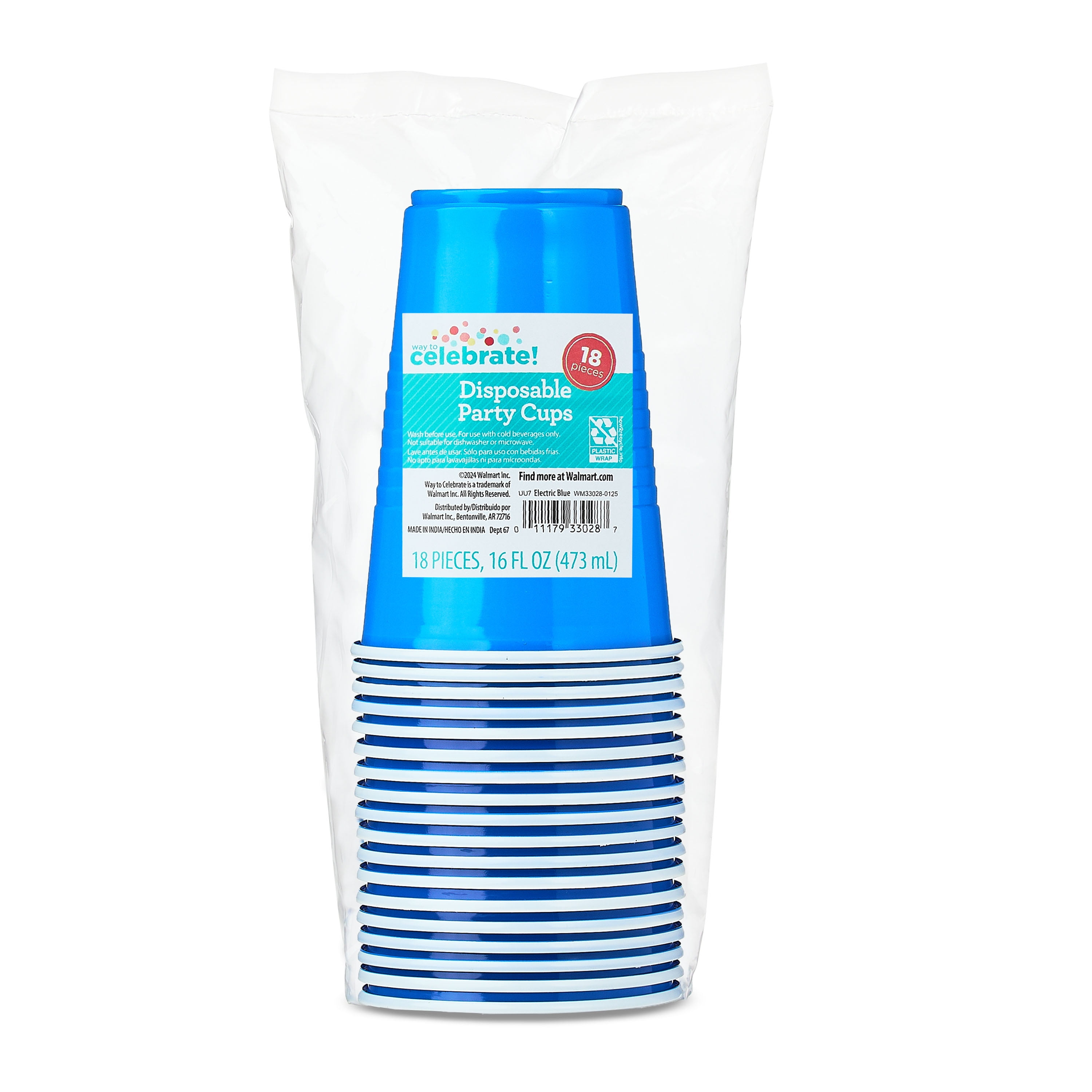 Disposable Plastic Party Cups, Electric Blue, 16 fl oz, 18 Count, by Way To Celebrate