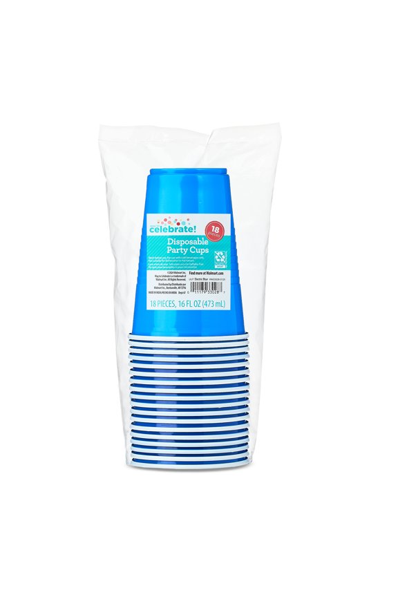 Plastic Disposable Party Cups, Electric Blue, 16 fl oz, 18 Pieces, by Way To Celebrate