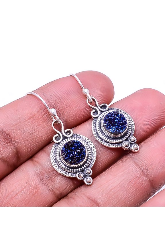 Electric Blue Titanium Agate Drusy 925 Sterling Silver Earring 1.40" E934118353, Beautiful Jewelry For Woman, New Year Sale, Valentin's Day Gift