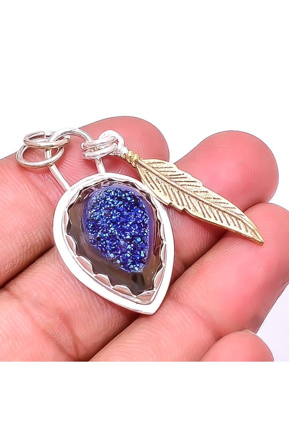 Electric Blue Titanium Agate Drusy 925 Sterling Silver Two Tone Designer Pendant 1.95", Blue Titanium Agate Drusy Pendant P_8053_329_30