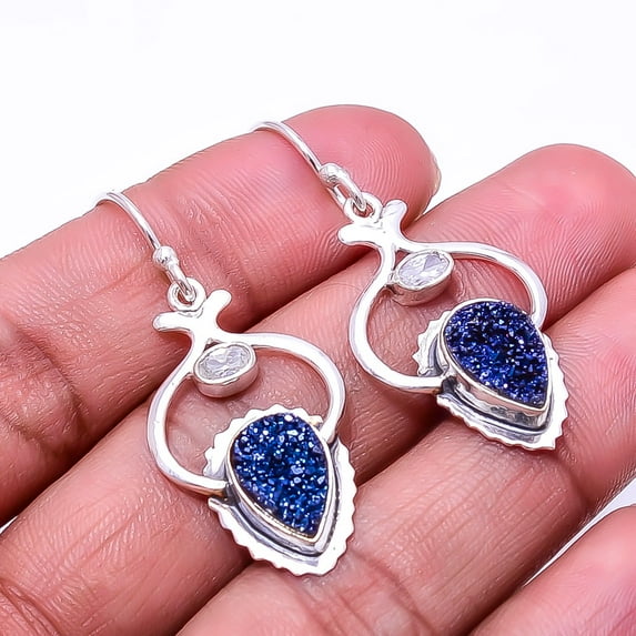 Electric Blue Titanium Agate Drusy 925 Sterling Silver Earring 1.72" E_9437_2348, Beautiful Jewelry For Woman, New Year Sale, Valentin's Day Gift