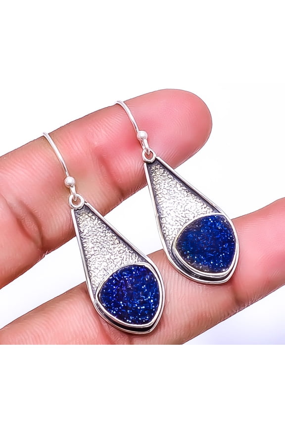 Electric Blue Titanium Agate Drusy 925 Sterling Silver Handmade Earring 1.72" E0, Handmade Jewelry, Dangle Earring