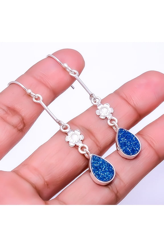 Electric Blue Titanium Agate Drusy 925 Sterling Silver Handmade Earring 2.50" E8