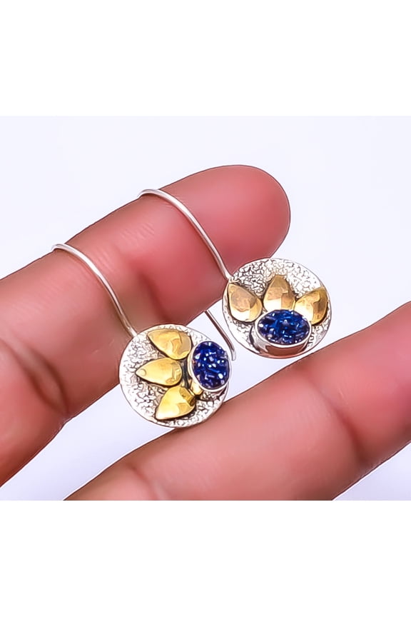 Electric Blue Titanium Agate Drusy 925 Sterling Silver Two Tone Earring 1.25"E34, Handmade Jewelry, Dangle Earring