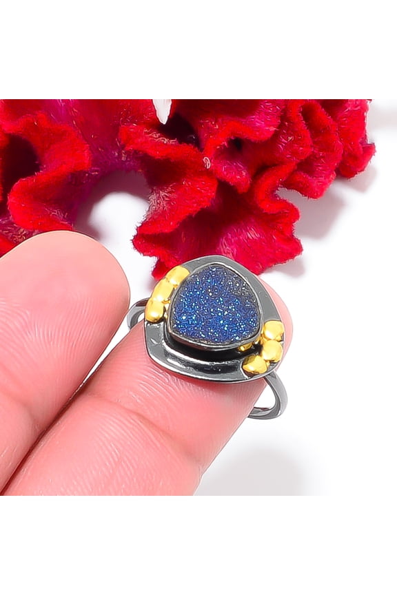 Electric Blue Titanium Agate Drusy Black And Gold Plated 925 Sterling Silver Ring S.8 R844218, Christmas Gift