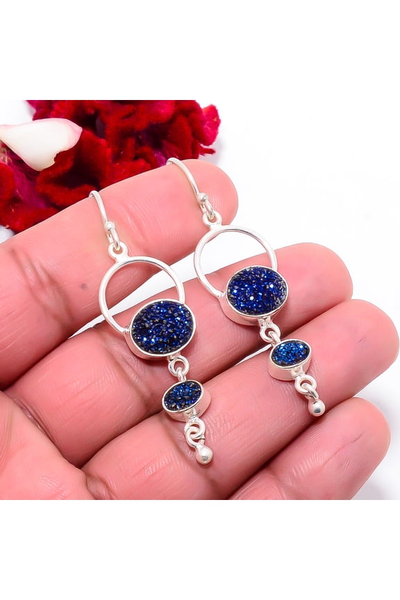 Electric Blue Titanium Agate Drusy Designer Handmade 925 Sterling Silver Earring 2.15" Sku23, Blue Earring, Natural Gemstone Earring