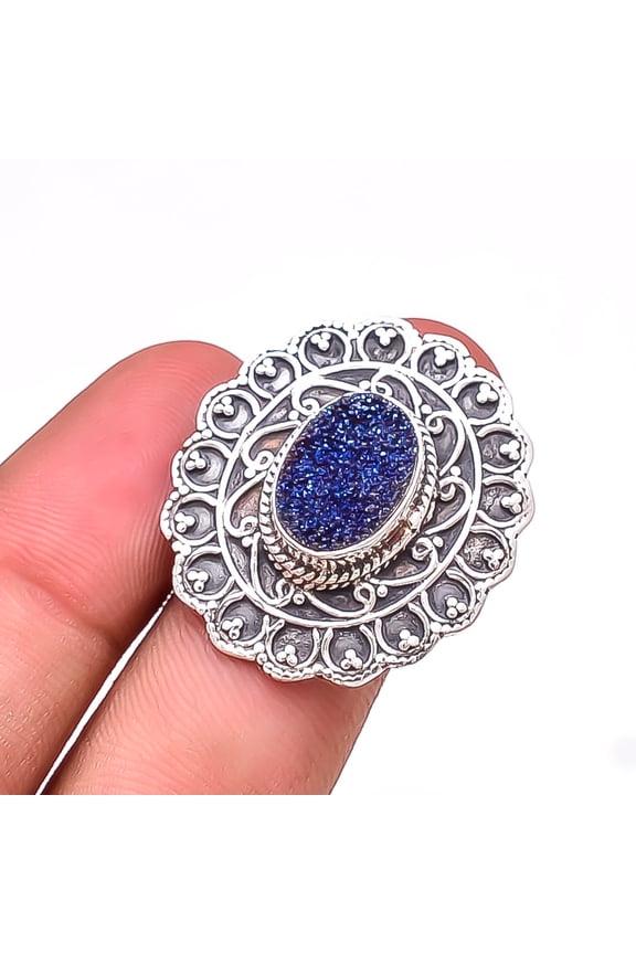 Electric Blue Titanium Agate Drusy Oxidised 925 Sterling Silver Ring S.7 R4