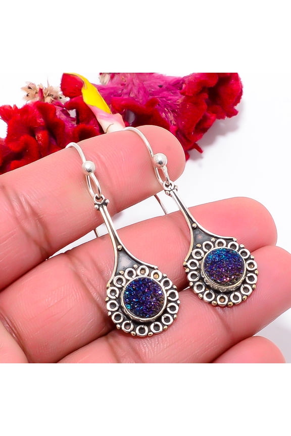 Electric Blue Titanium Agate Drusy Oxidised Designer Handmade 925 Sterling Silver Earring 1.95" Sku43, Blue Earring, Natural Gemstone Earring