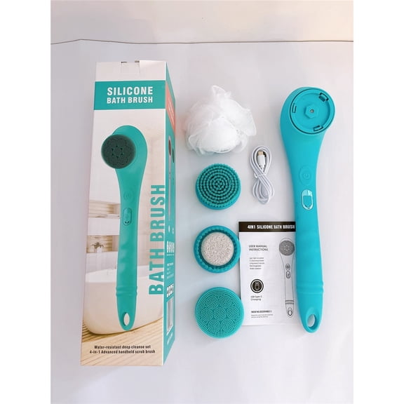 Electric Body Bath Brush, Rechargeable Back Scrubber for Shower, Long Handle Exfoliating Bath Brush for Shower, Lotion Applicator for Back, Silicone Body Scrubber with 4 Shower Brush Heads