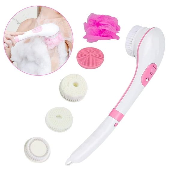 TiokMc Electric Body Bath Brush for Shower with USB Rechargeable Long Handle, 5-in-1 Body Exfoliation and Massage Deep Cleansing Set, Pink