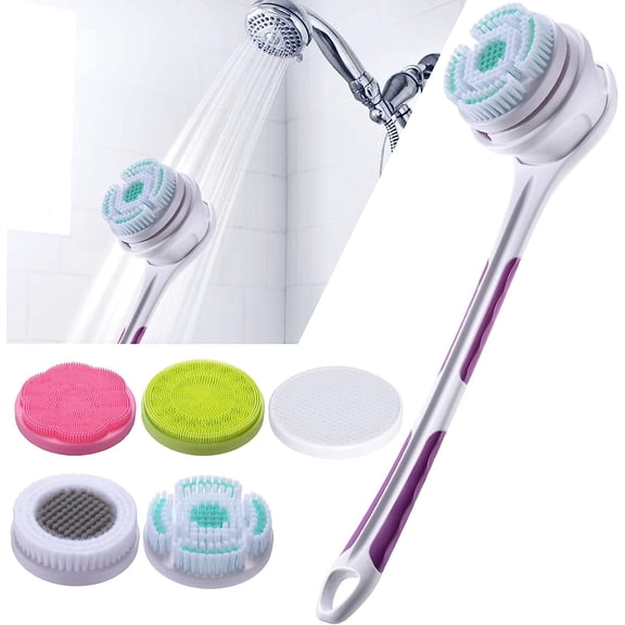 Electric Body Brush with 5 Attachments: Rechargeable Back Brush IPX7 Long Handle Exfoliating Spin Scrubber for Shower Bathing Cleansing Wash Deep Cleaning