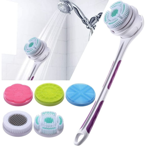 Electric Body Brush with 5 Attachments, Topboutique IPX7 Waterproof Rechargeable Shower Scrubber Back Bath Exfoliating Brush Set with Long Handle for Spa Shower Deep Cleaning Massage