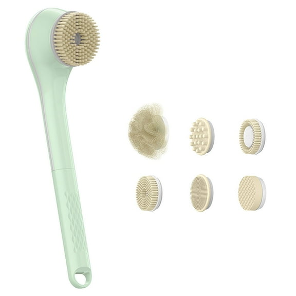Electric Body Brush Back Scrubber for Shower, Waterproof Long Dual Handle Power Body Scrubber with 3 Heads for Deep Cleaning, Exfoliation and Massaging Skin, Rechargeable, Green
