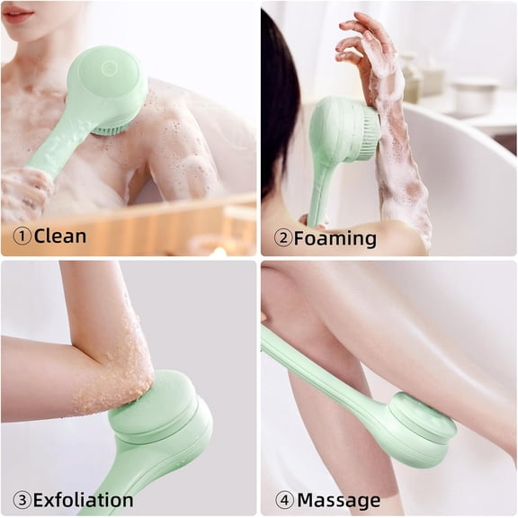 Electric Body Brush Back Scrubber for Shower, Waterproof Long Dual Handle Power Body Scrubber with 3 Heads, Rechargeable Bath Brush & 2 Speeds, for Cleansing, Exfoliating and Massaging Skin