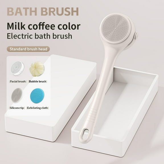 Electric Body Brush Back Scrubber for Shower, Waterproof Long Dual Handle Power Body Scrubber with 4 Heads, Rechargeable Bath Brush & 2 Speeds, for Cleansing, Exfoliating and Massaging Skin