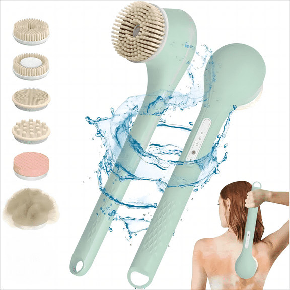 Electric Body Brush,USB Rechargeable Shower Brush with Long Handle, IPX7 Waterproof Back Brush with Long Handle, and 6 Spin Brush Heads