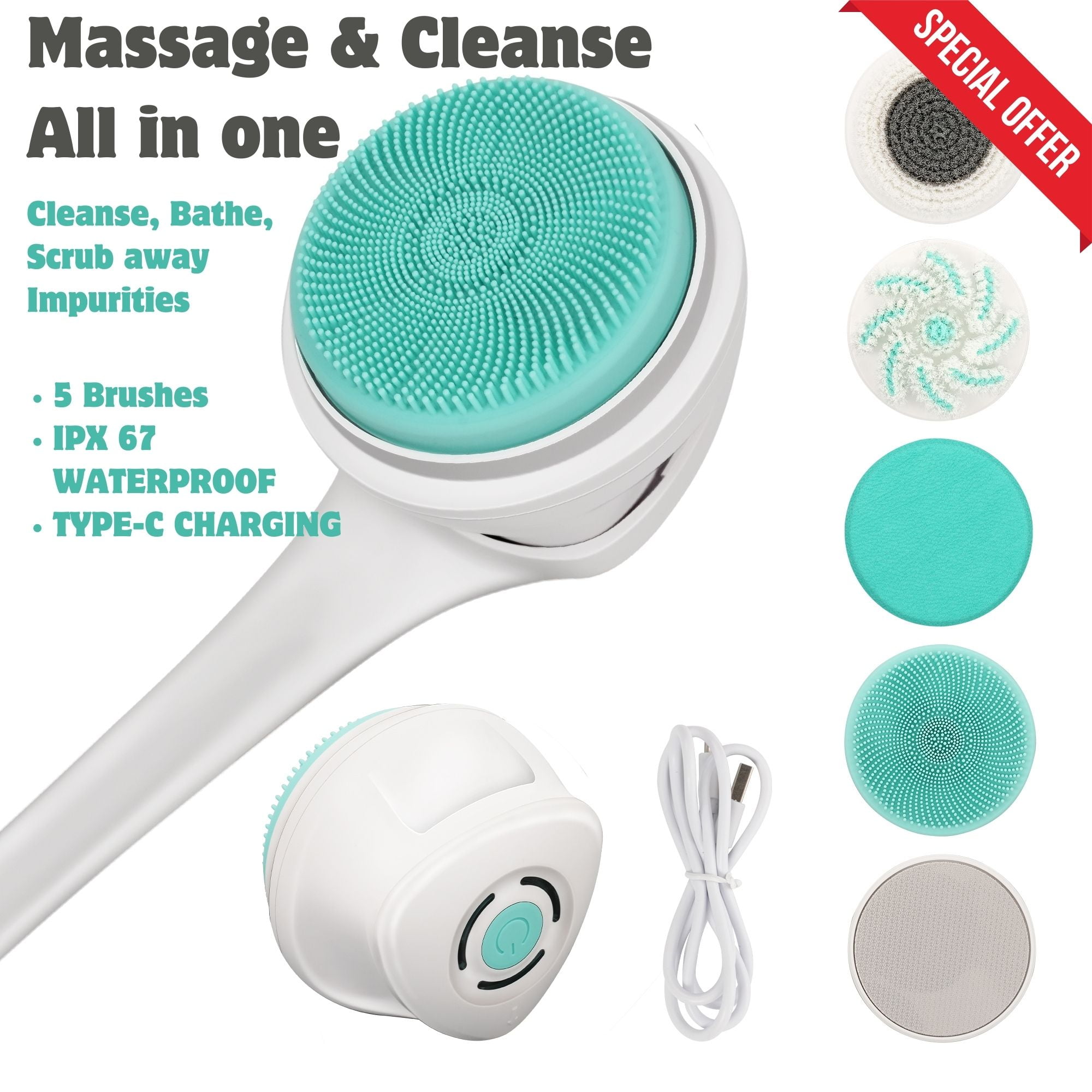 Electric Body Brush for Exfoliating and Massage with 5 Spin Brush Heads