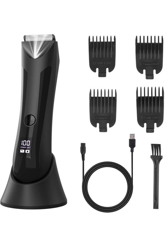 Electric Body Hair Trimmer for Men, Pubic Hair Shaver Clipper, Rechargeable Cordless Body Hair Groomer with Four Guide Combs for Body Hair, Ball and Groin Area.