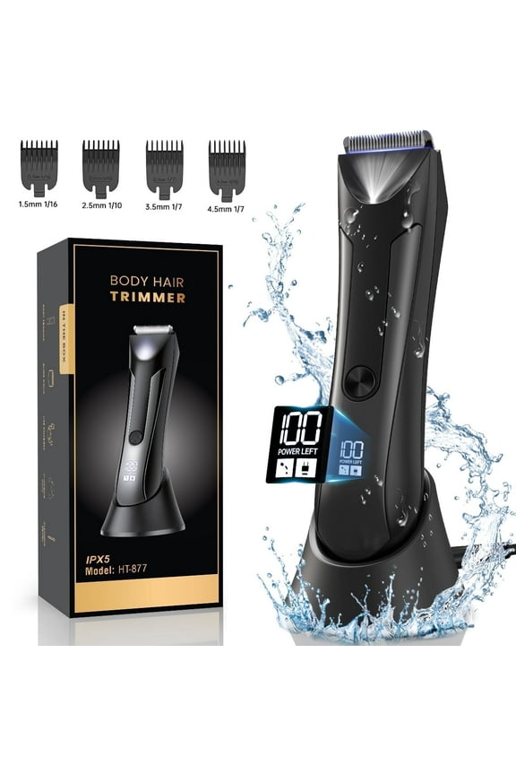 Electric Body Trimmer, Men's Groin Hair Trimmer IPX5 Waterproof Wet/Dry Use Razor, Ceramic Blade Ball Shaver Clipper Body Grooming Kit with LCD Baterry Display, USB Recharge Dock & LED Light