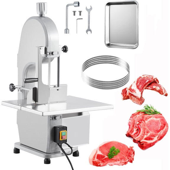 Electric Bone Saw Machine, 1500W Stainless Vertical Cutter, 19.3" x 15" Table Saw, 0.16-7.9 Inch Cutting Thickness, Meat Cutter Machine with 5 Saw Blades for Chicken Fish Beef
