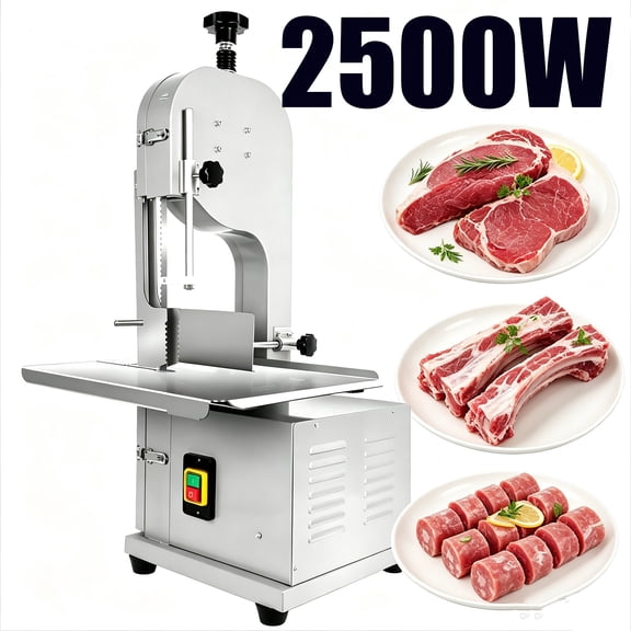 Electric Bone Saw Machine 2500w, 19.3x15.3 in Stainless Steel Worktable, Commercial Bandsaw, Cut 0.047.8 in Thickness, 8 Saw Blades, Frozen Meat Cutter Machine for Rib Pork Beef Butchering