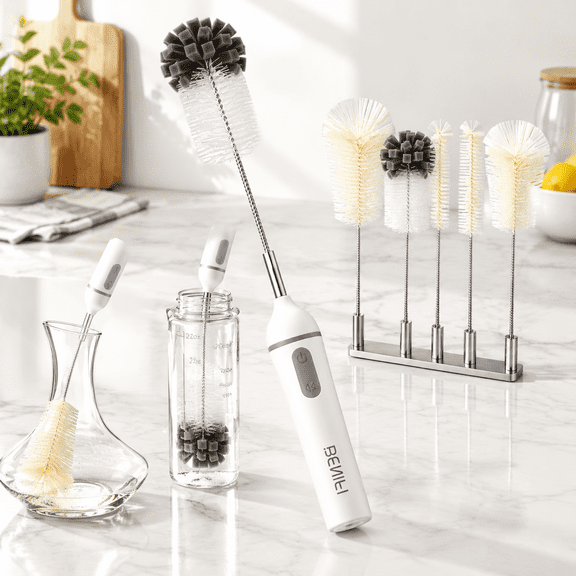 Electric Bottle Brush Cleaner, 11.8" Deep Reach, 6 Interchangeable Heads, Rechargeable