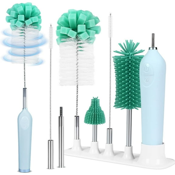 Electric Bottle Brush Cleaner With Holder, Rechargeable Automatic Water Bottle Cleaner With Stainless Steel Extension Handle, Extra Long Water Bottle Brush,Nipple Brush, Straw Cleaner Brush,Green