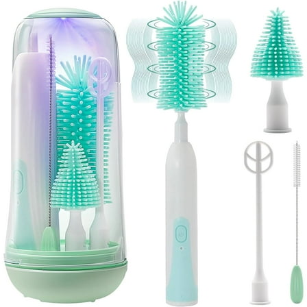 Electric Bottle Brush Cleaner, Rechargable Electric Baby Bottle Brush for Travel, Waterproof Electric Bottle Cleaner Set with Nipple & Straw Brush, Perfect Essentials Gift for Mom After Birth, Green