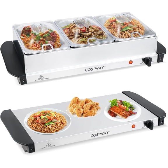 Electric Buffet Server Food Warmer, Stainless Steel Countertop Food Warming Tray with 3 Removable Trays, Adjustable Tempered Control & See-Through Lids for Parties, Holidays & Catering