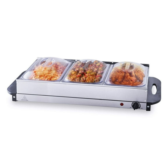 Electric Buffet Server Set, 25.6" x 15" Stainless Steel Food Warmer with Temp Control, 3 Trays, ETL Listed, for Catering, Parties, Events, Home Use, Silver