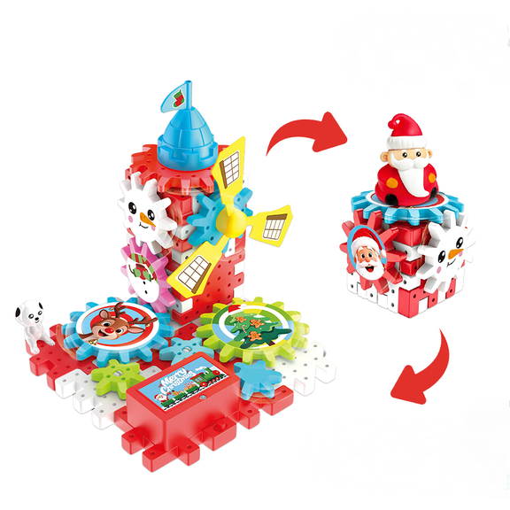 Electric Building Block Gears Toys for Kids with Motor 49Pieces 2in1 Christmas Block Toys Battery or Manual Mode Toddler Learning Toys for Boys and Girls Christmas Gifts