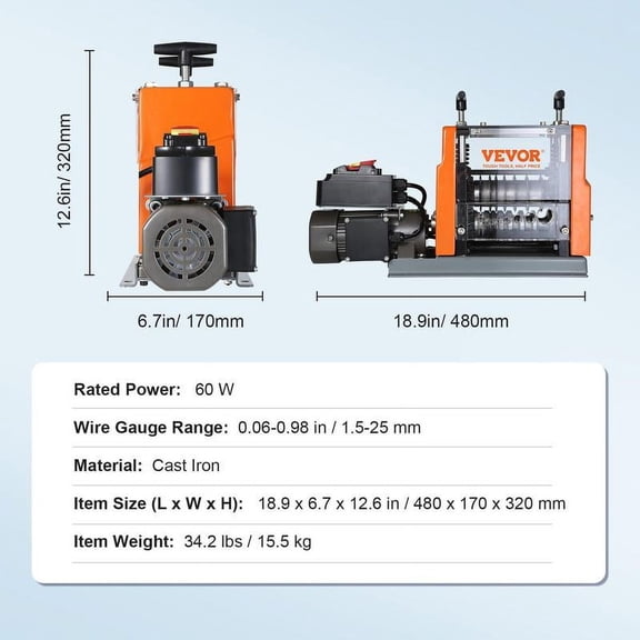 Electric Cable Stripping Tool, 0.06''-0.98'' Motorized Wire Stripper, 60W, Features Clear Depth Gauge, Includes 6 Circular & 1 Flat Channels for Efficient Copper Wire Recycling VEVOR Super Brand Day