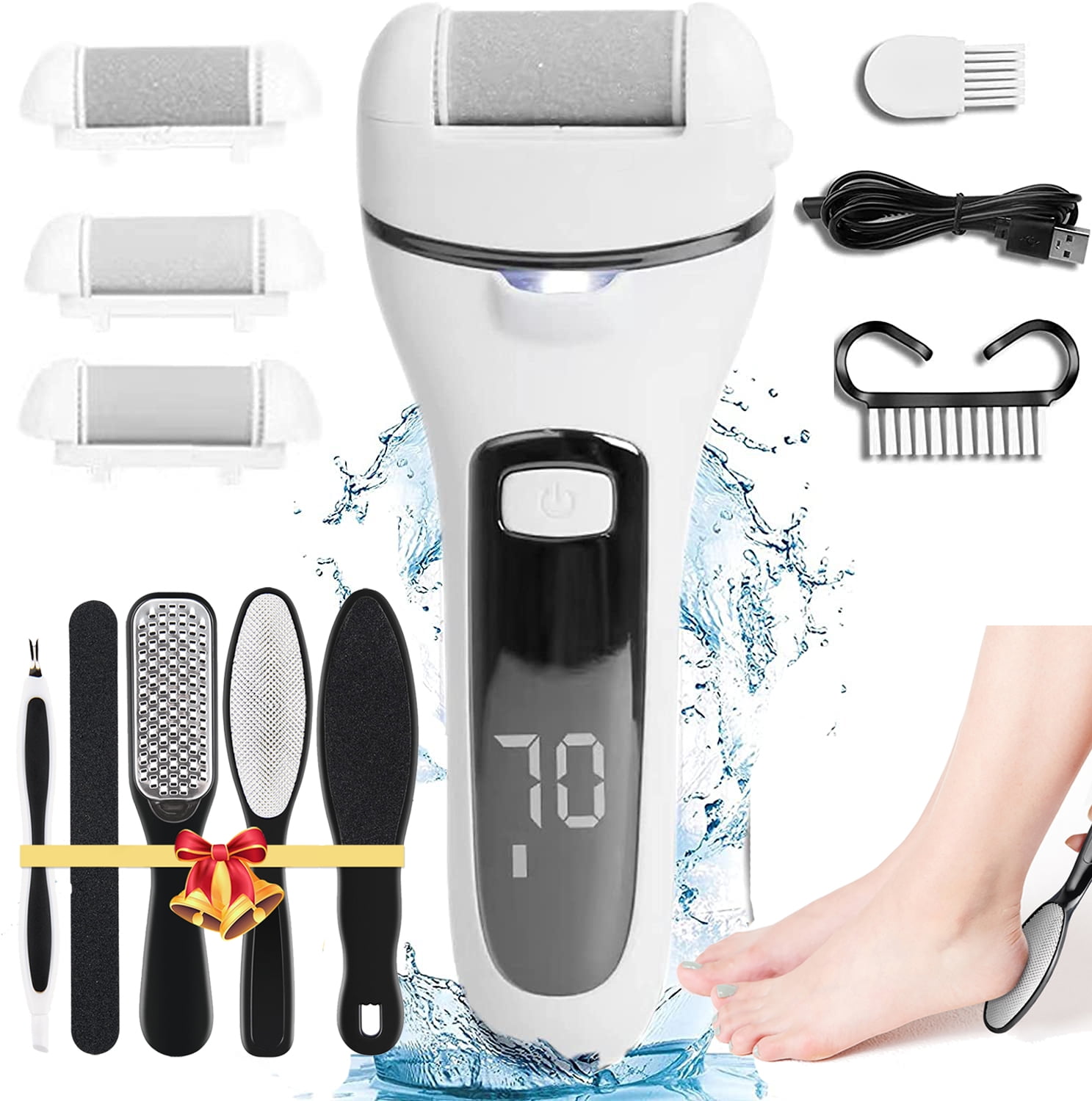 Electric Callus Remover for Feet,12 in 1 Pedicure Tools Kit Foot Scrubber  to Remove Dead Skin and Cracked Heels,Professional Foot Care Foot Files  with 3 Roller Heads, 2 Speed, Battery Display,White 